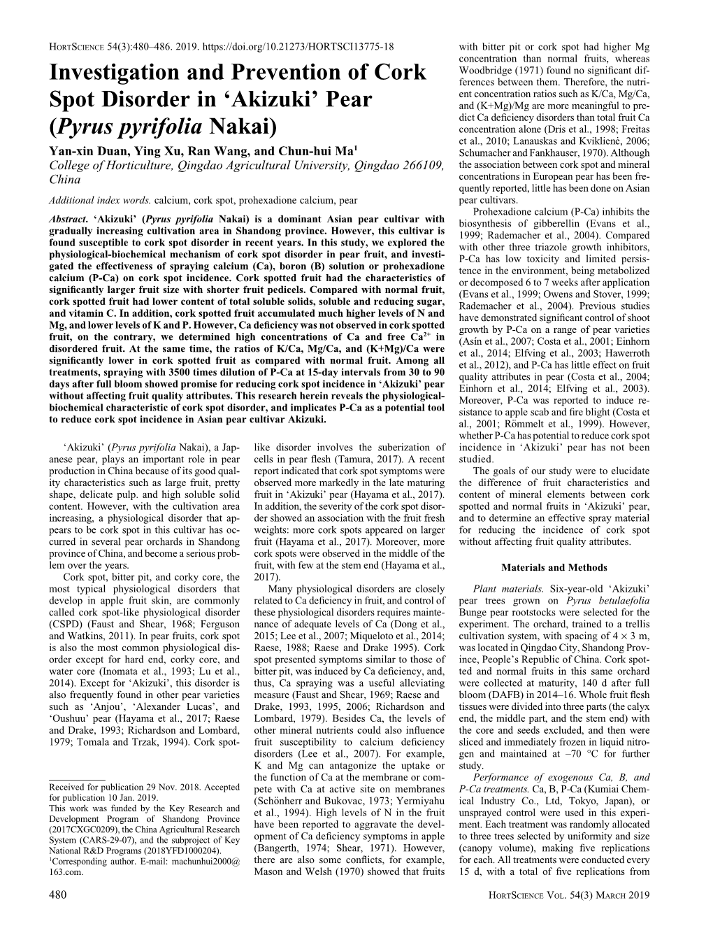 Investigation and Prevention of Cork Spot Disorder in 'Akizuki' Pear