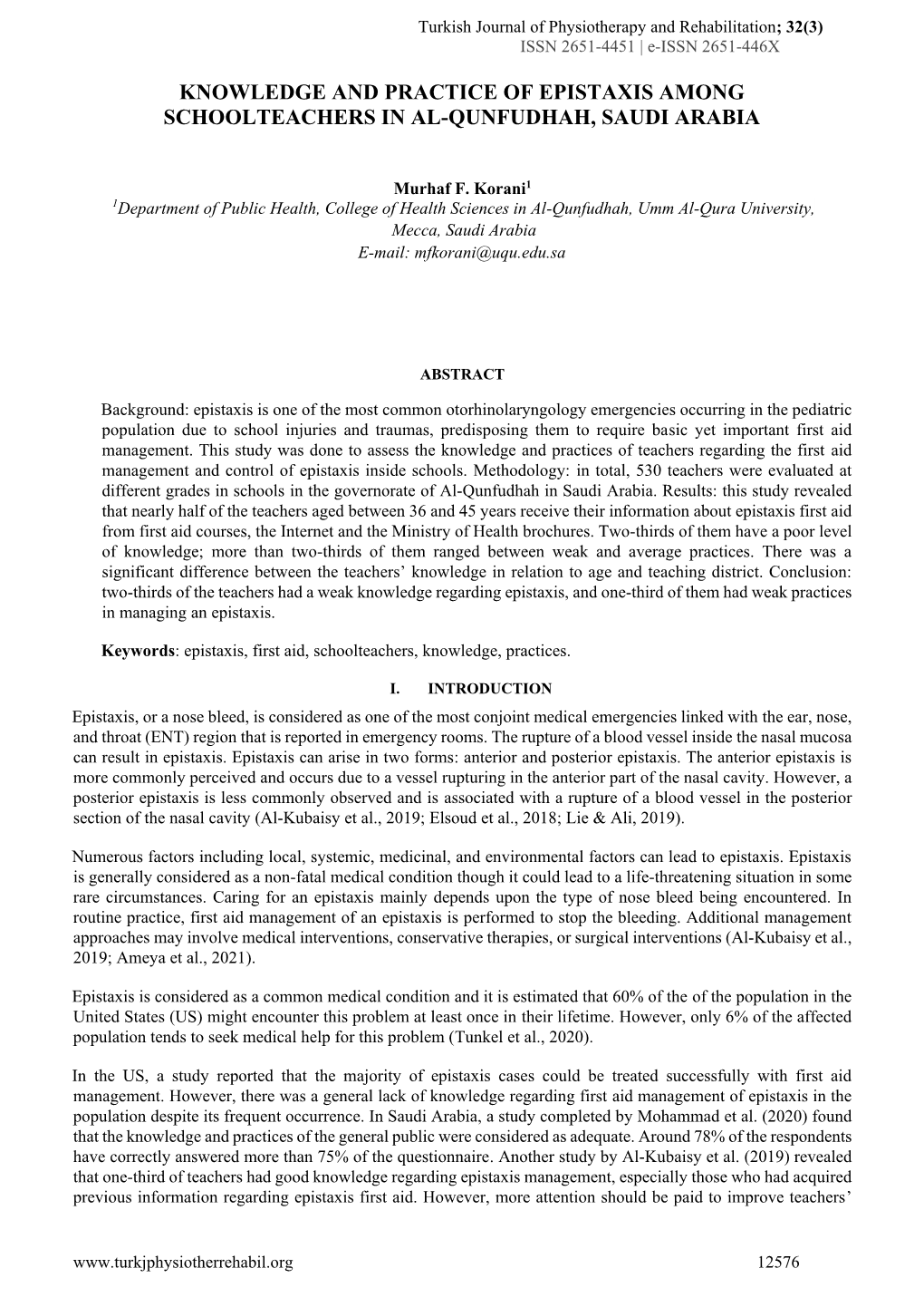 Knowledge and Practice of Epistaxis Among Schoolteachers in Al-Qunfudhah, Saudi Arabia