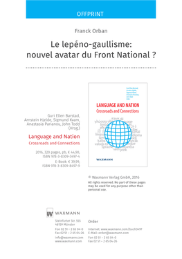 Le Lepéno-Gaullisme: Nouvel Avatar Du Front National ?