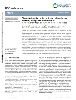 Simulated Spatial Radiation Impacts Learning and Memory Ability with Alterations of Cite This: RSC Adv., 2020, 10, 16196 Neuromorphology and Gut Microbiota in Mice†