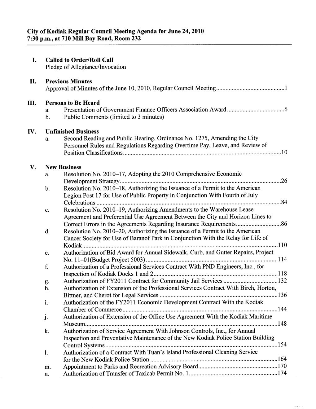 City of Kodiak Regular Council Meeting Agenda for June 24, 2010