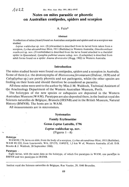 J} 02..2 Notes on Mites Parasitic Or Phoretic on Australian Centipedes