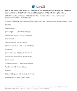 List of the Names, and Places of Residence, of the Members If the Senate and House of Representatives of the United States