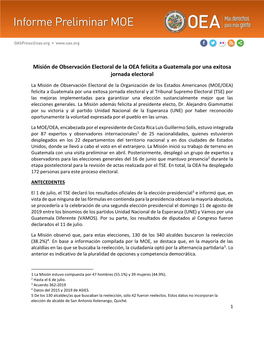 Misión De Observación Electoral De La OEA Felicita a Guatemala Por Una Exitosa Jornada Electoral