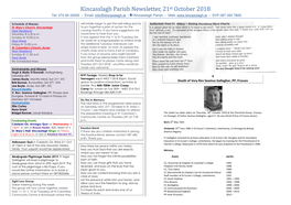 Kincasslagh Parish Newsletter, 21St October 2018 Tel: 074 95 42935 - Email: Info@Kincasslagh.Ie - Kincasslagh Parish - Web: - SVP 087 050 7895