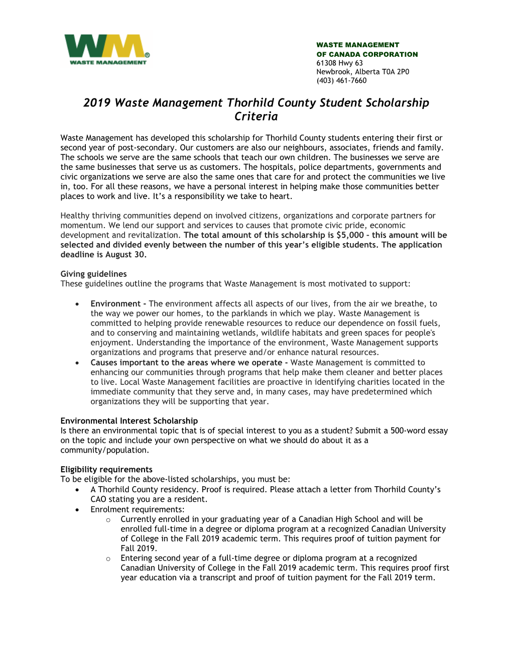2019 Waste Management Thorhild County Student Scholarship Criteria