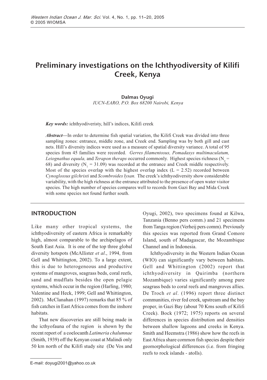 Preliminary Investigations on the Ichthyodiversity of Kilifi Creek, Kenya