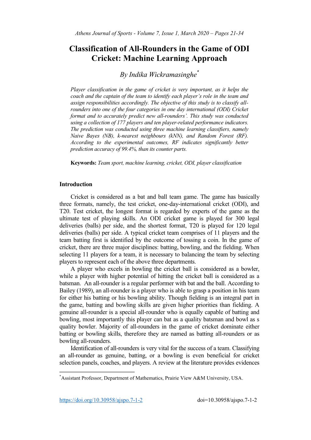 Classification of All-Rounders in the Game of ODI Cricket: Machine Learning Approach