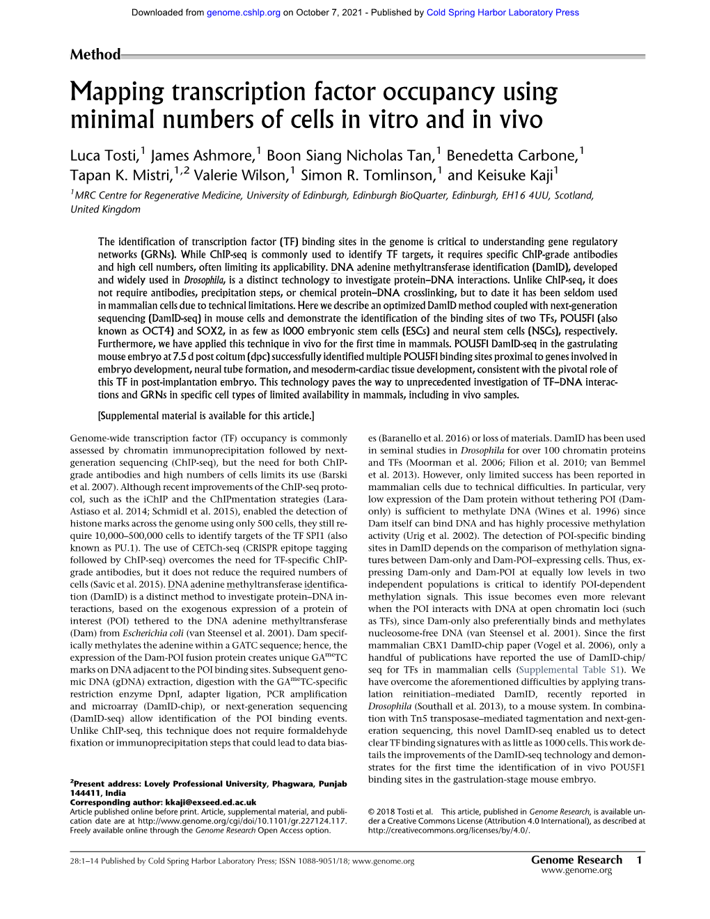 Mapping Transcription Factor Occupancy Using Minimal Numbers of Cells in Vitro and in Vivo