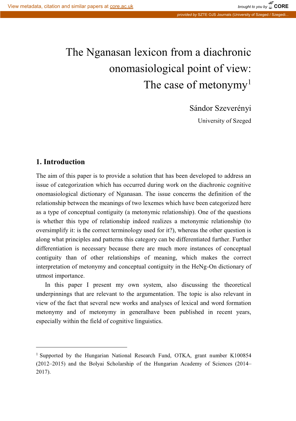 The Nganasan Lexicon from a Diachronic Onomasiological Point of View: the Case of Metonymy1