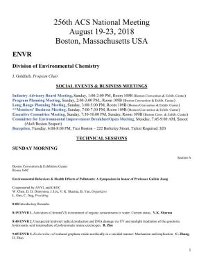 256Th ACS National Meeting August 19-23, 2018 Boston, Massachusetts USA ENVR Division of Environmental Chemistry