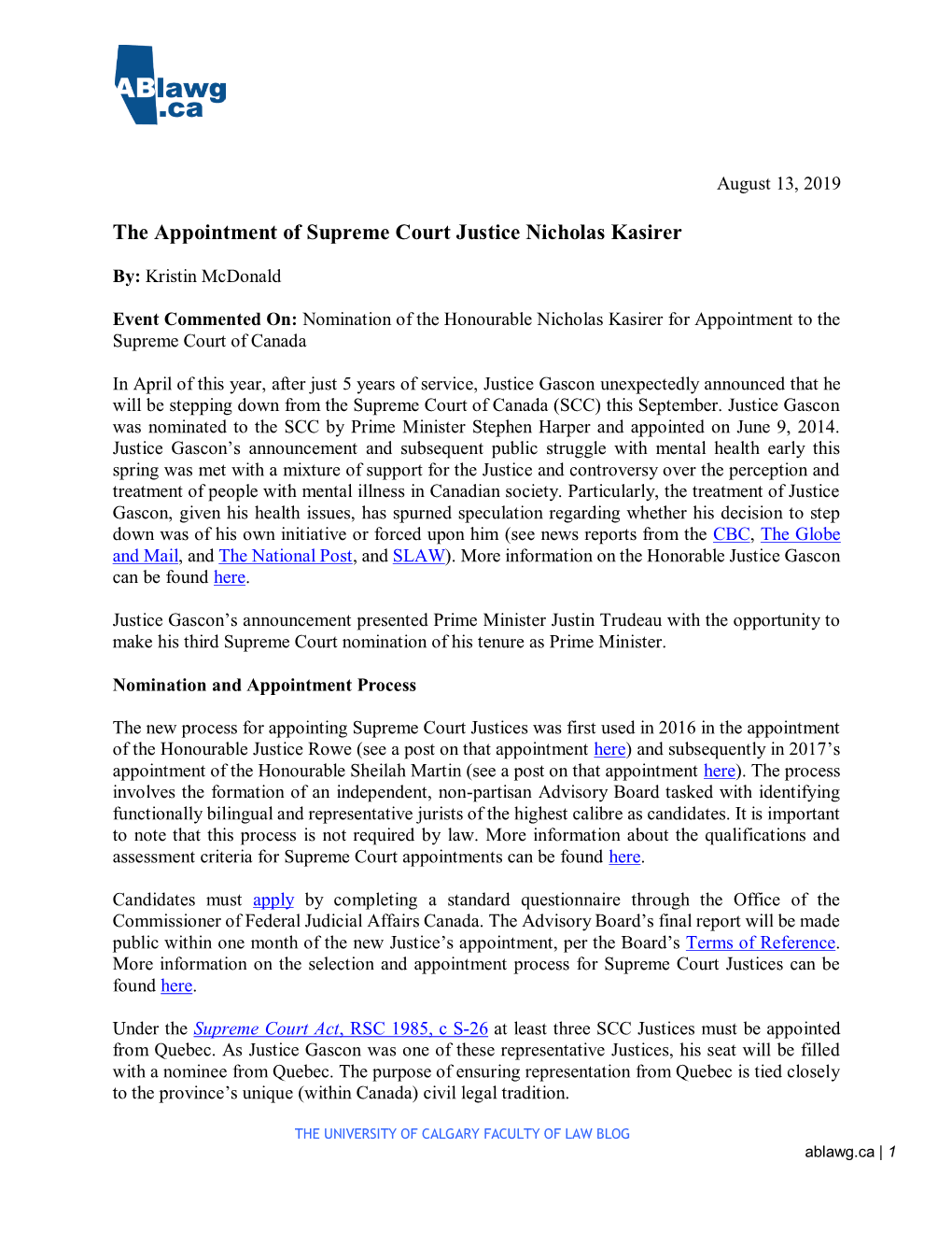 The Appointment of Supreme Court Justice Nicholas Kasirer