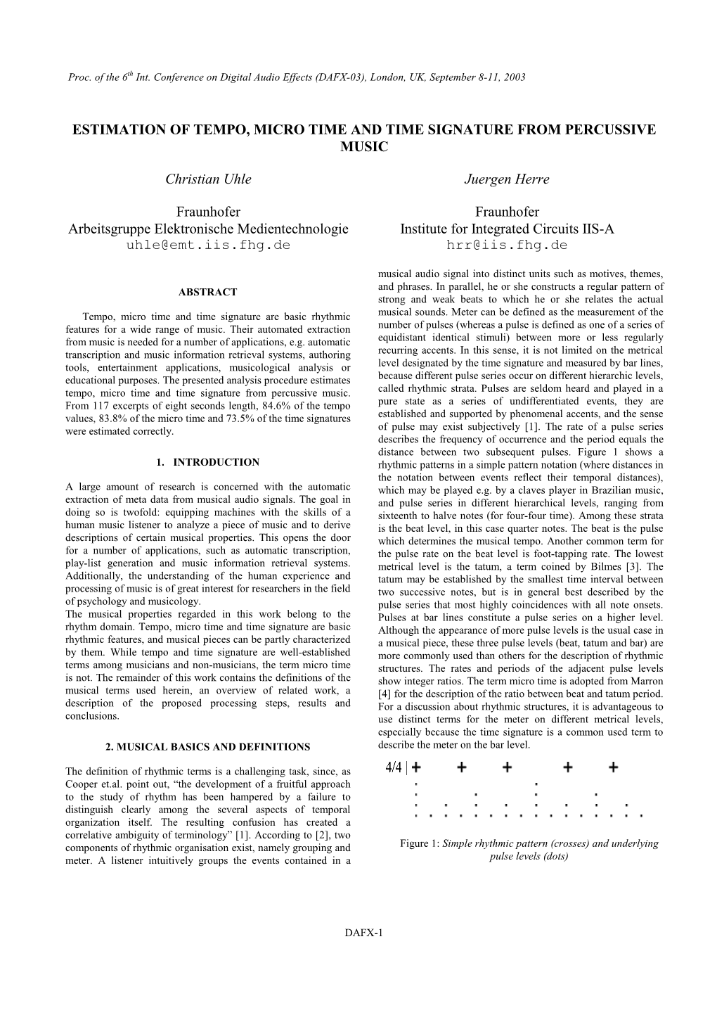 ESTIMATION of TEMPO, MICRO TIME and TIME SIGNATURE from PERCUSSIVE MUSIC Christian Uhle Juergen Herre Fraunhofer Fraunhofer