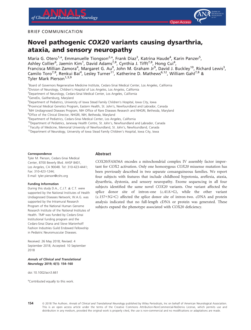 Novel Pathogenic COX20 Variants Causing Dysarthria, Ataxia, and Sensory Neuropathy Maria G