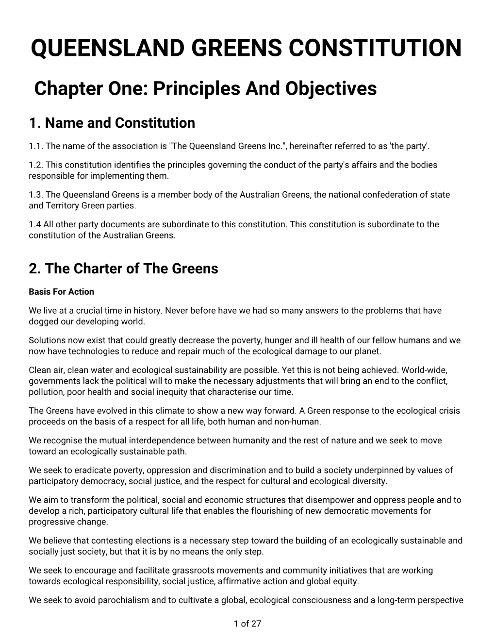 QUEENSLAND GREENS CONSTITUTION Chapter One: Principles and Objectives