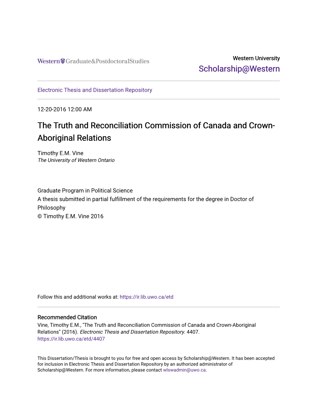 The Truth and Reconciliation Commission of Canada and Crown- Aboriginal Relations