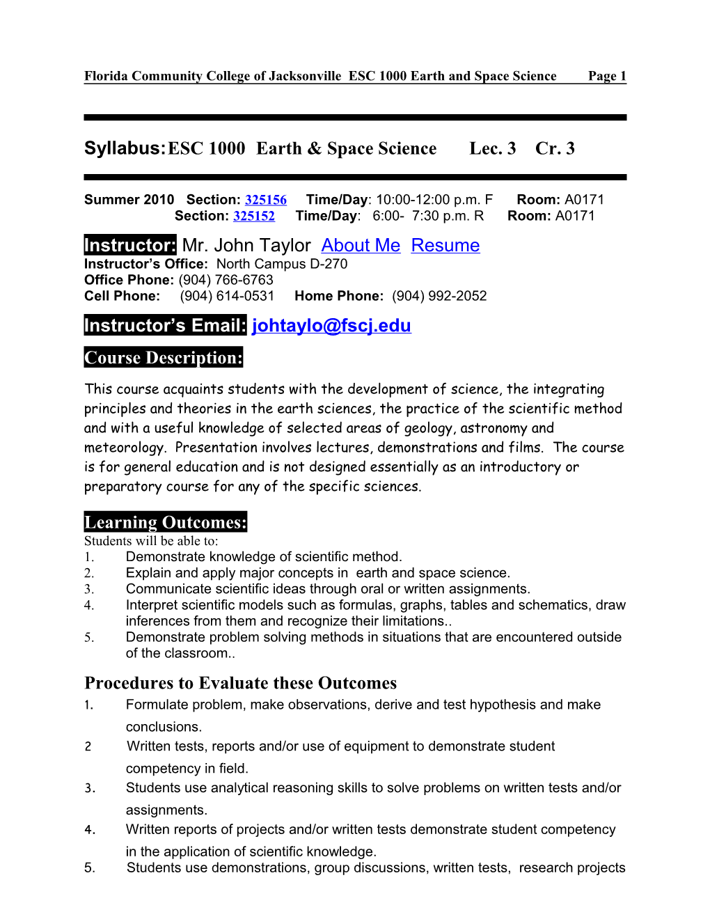 Florida Community College of Jacksonville ESC 1000 Earth and Space Science Page 1