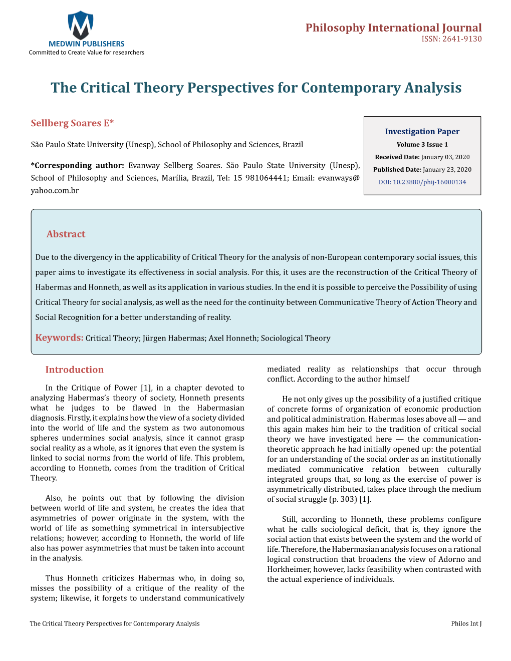 Sellberg Soares E. the Critical Theory Perspectives for Contemporary Analysis