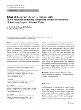 Effect of the Invasive Bivalve Mytilopsis Sallei on the Macrofaunal Fouling Community and the Environment of Yundang Lagoon, Xiamen, China