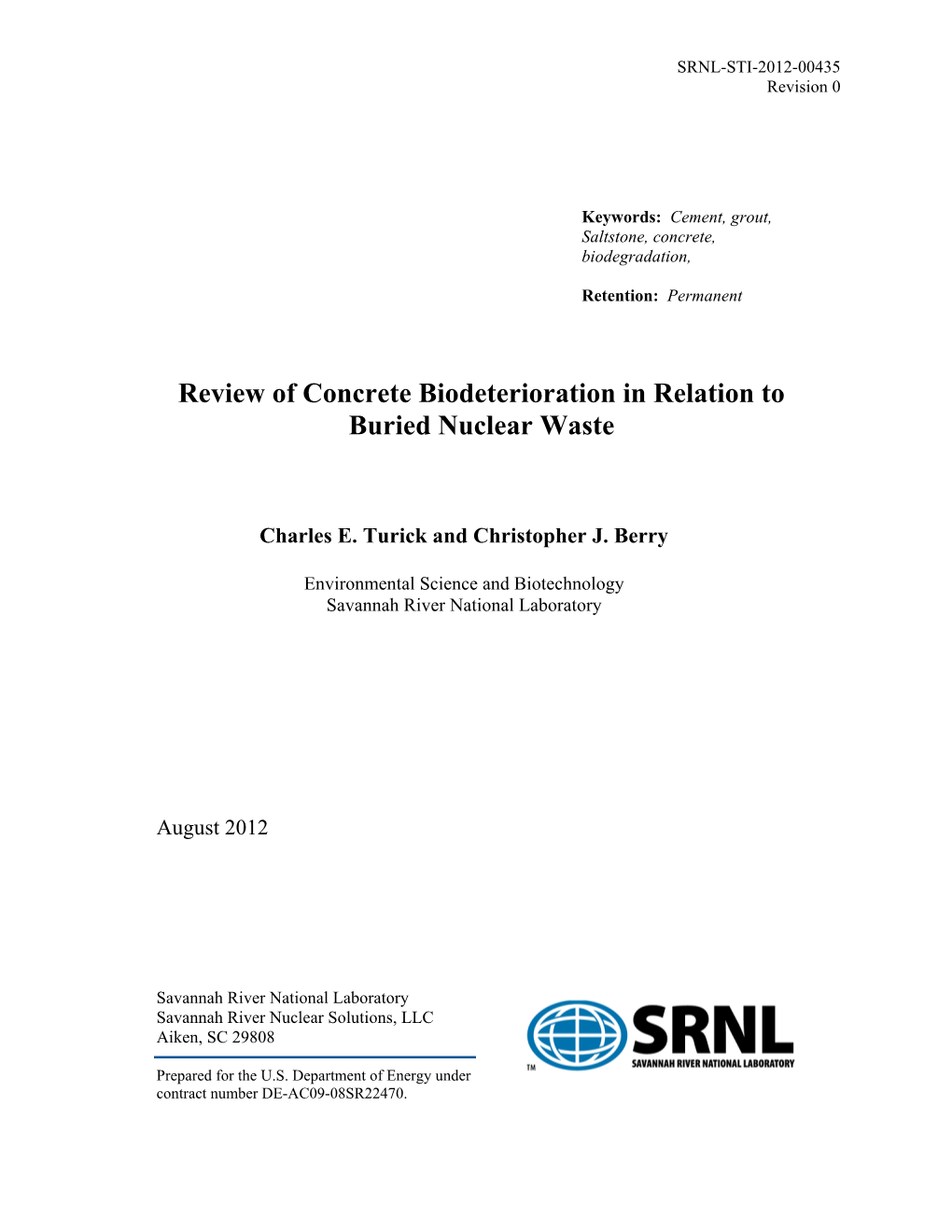 SRNL-STI-2012-00435, Review of Concrete Biodeterioration In