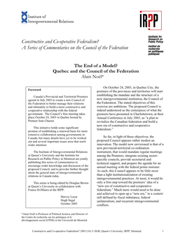 Constructive and Co-Operative Federalism? a Series of Commentaries on the Council of the Federation