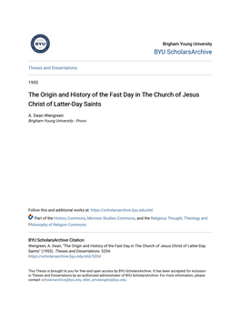 The Origin and History of the Fast Day in the Church of Jesus Christ of Latter-Day Saints