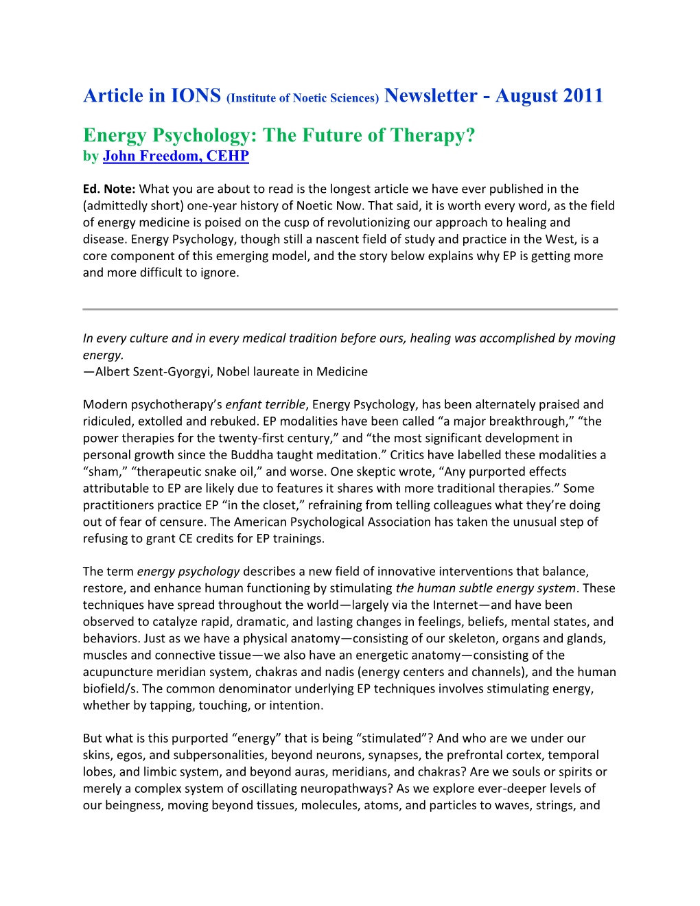 Energy Psychology: the Future of Therapy? by John Freedom, CEHP