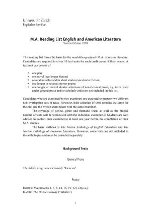 Universität Zürich M.A. Reading List English and American Literature