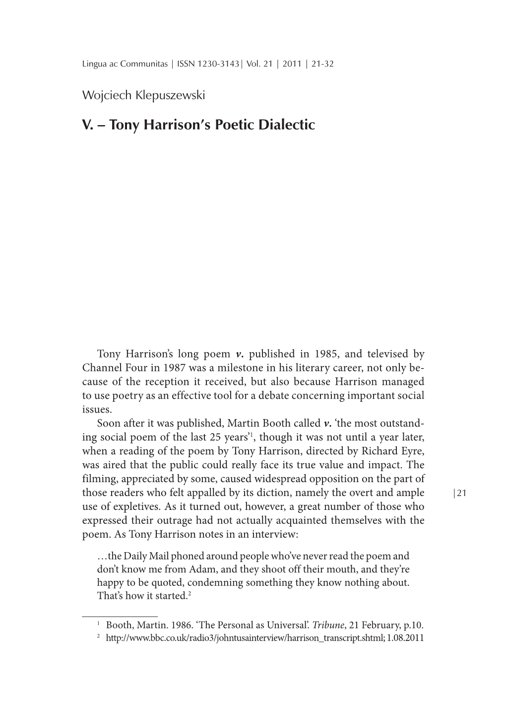 V. – Tony Harrison's Poetic Dialectic