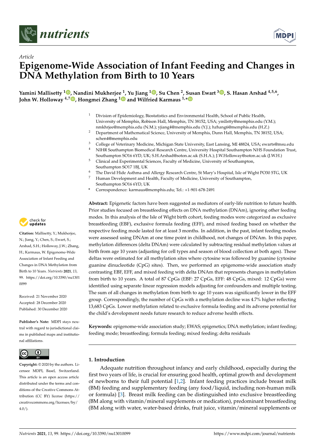 Epigenome-Wide Association of Infant Feeding and Changes in DNA Methylation from Birth to 10 Years