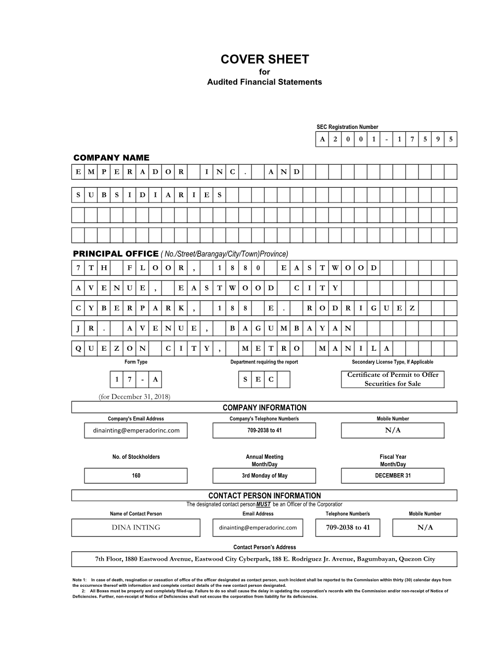COVER SHEET for Audited Financial Statements