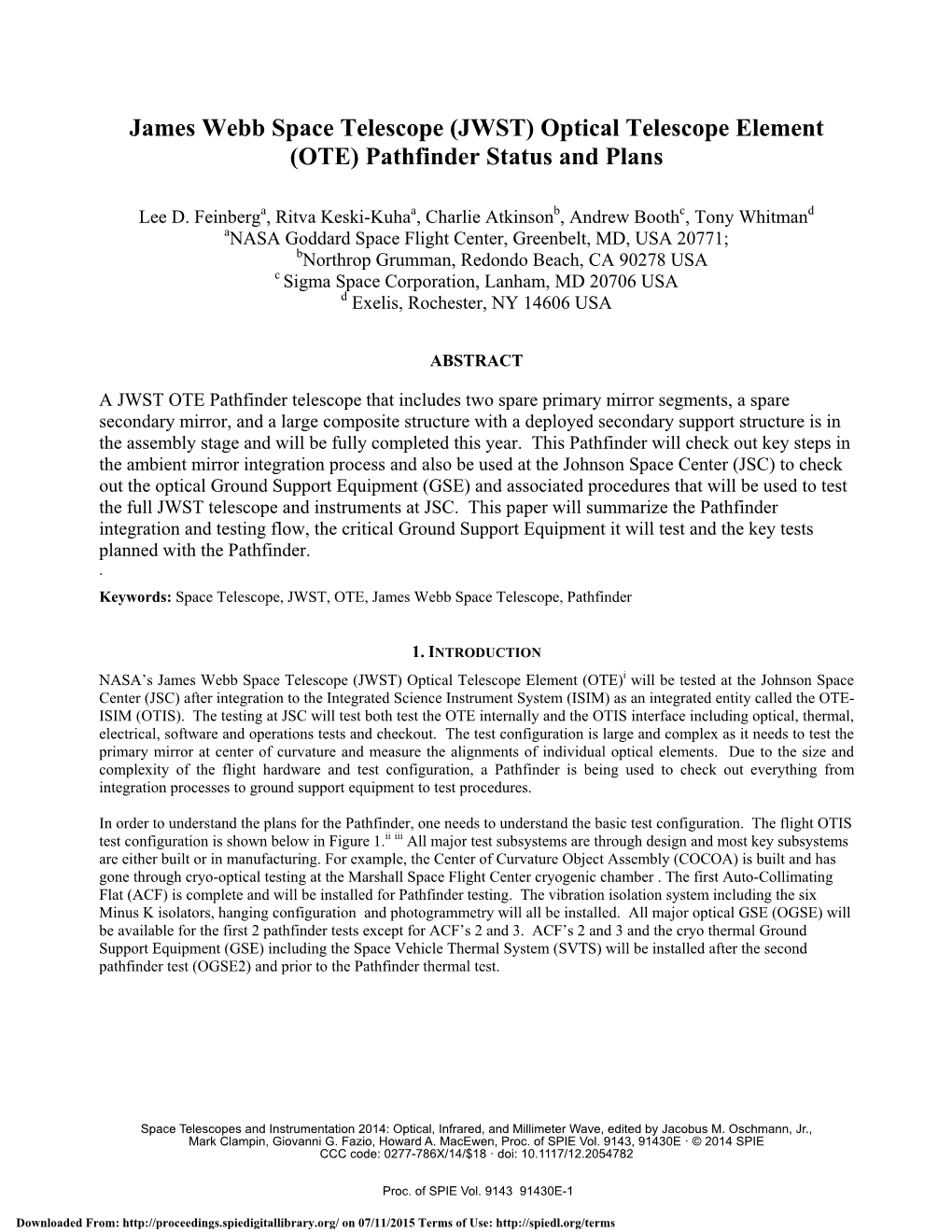 (JWST) Optical Telescope Element (OTE) Pathfinder Status and Plans