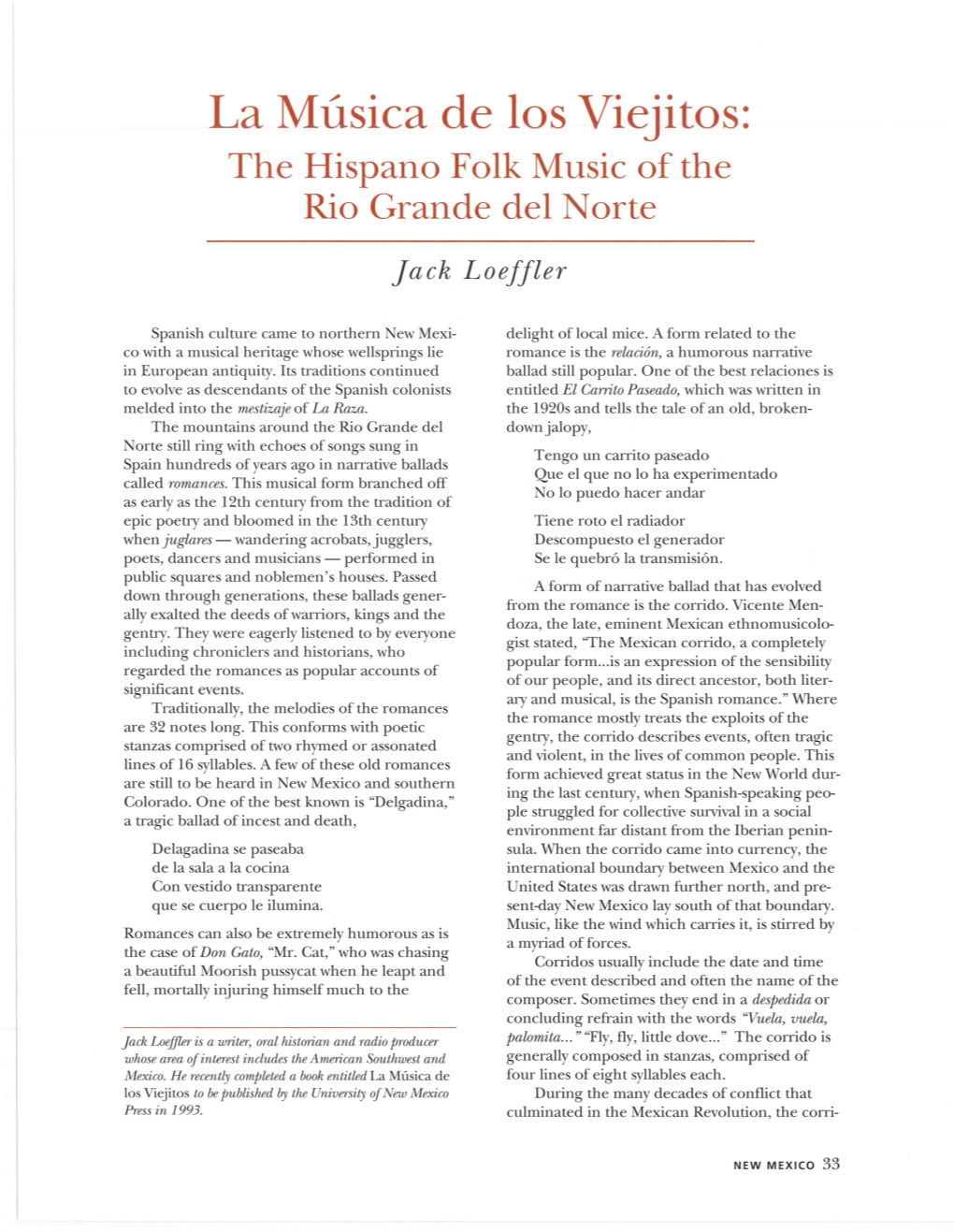 La Musica De Los Viejitos: the Hispano Folk Music of the Rio Grande Del Norte