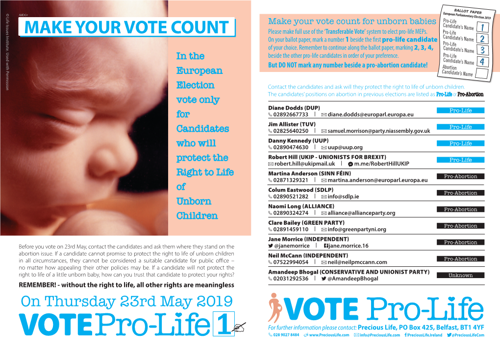 Make Your Vote Count for Unborn Babies MAKE YOUR VOTE COUNT Please Make Full Use of the ‘Transferable Vote’ System to Elect Pro‑Life Meps
