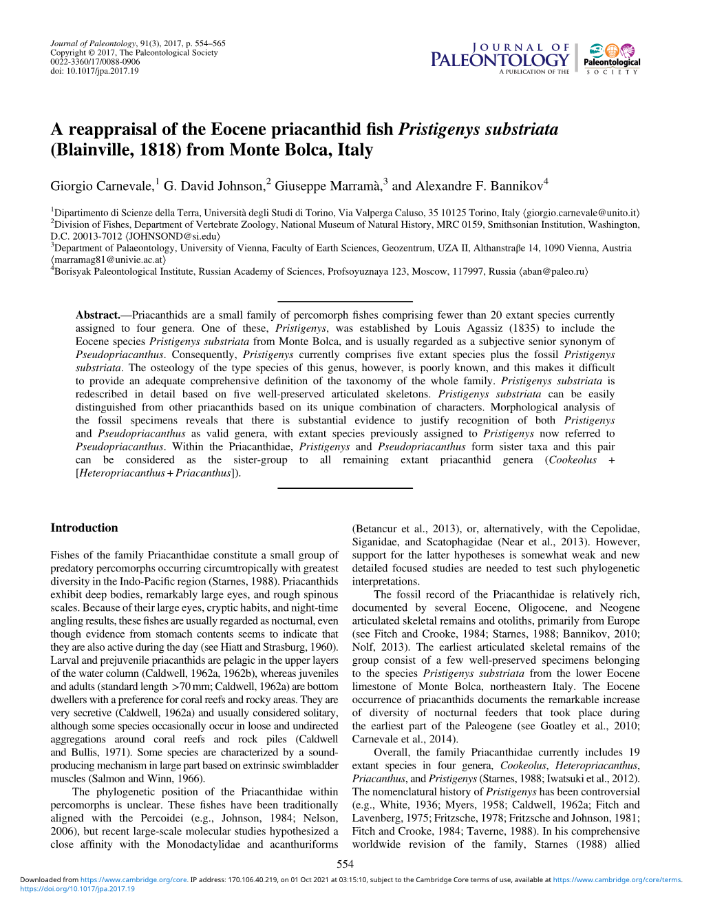 A Reappraisal of the Eocene Priacanthid Fish Pristigenys