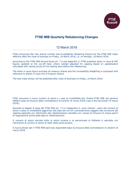 FTSE MIB Quarterly Rebalancing Changes 12 March 2018