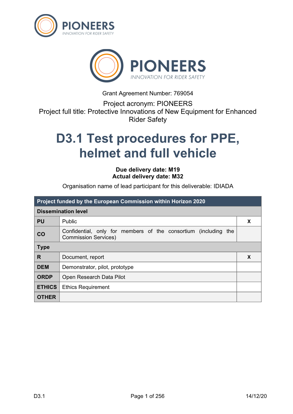 D3.1 Test Procedures for PPE, Helmet and Full Vehicle