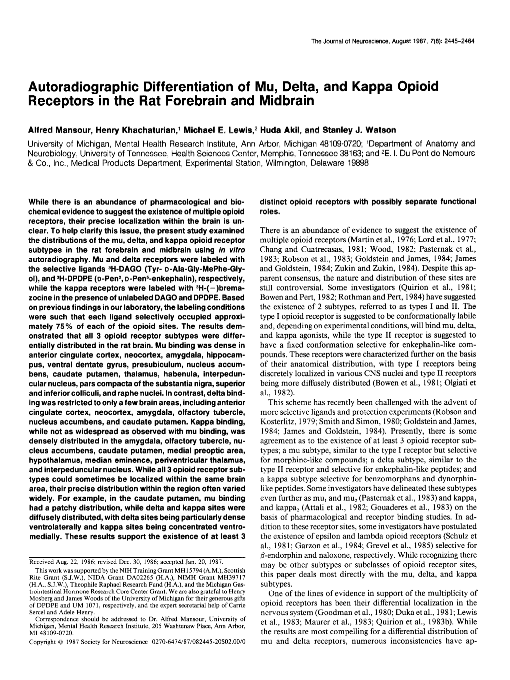 Autoradiographic Differentiation of Mu, Delta, and Kappa Opioid Receptors in the Rat Forebrain and Midbrain