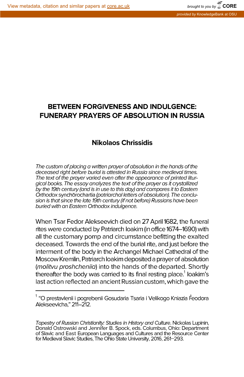 Between Forgiveness and Indulgence: Funerary Prayers of Absolution in Russia