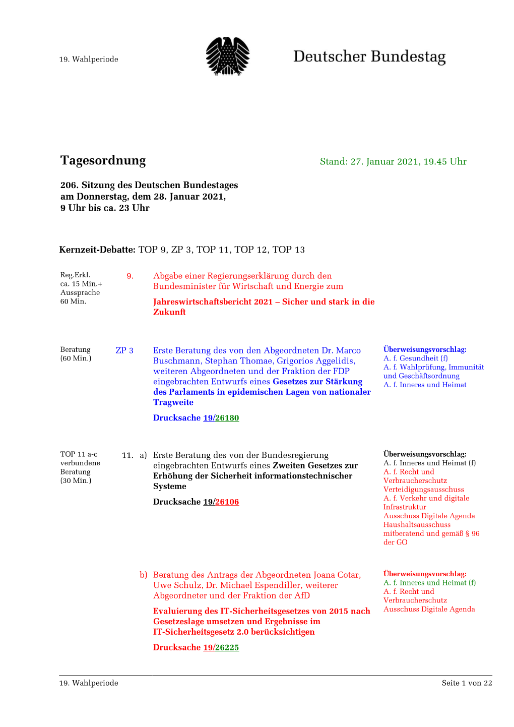 Amtliche Tagesordnung Der 206. Sitzung Des 19. Deutschen