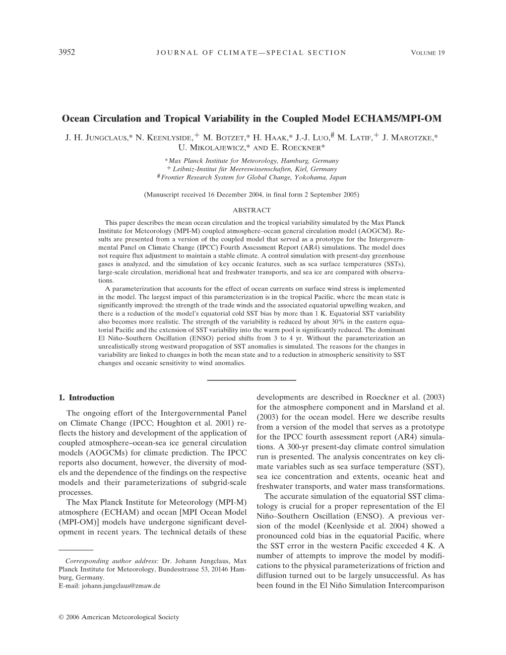 Ocean Circulation and Tropical Variability in the Coupled Model ECHAM5/MPI-OM Ϩ Ϩ J