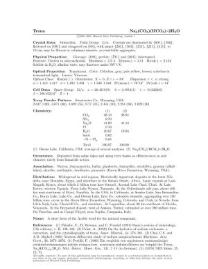 Trona Na3(CO3)(HCO3) • 2H2O C 2001-2005 Mineral Data Publishing, Version 1