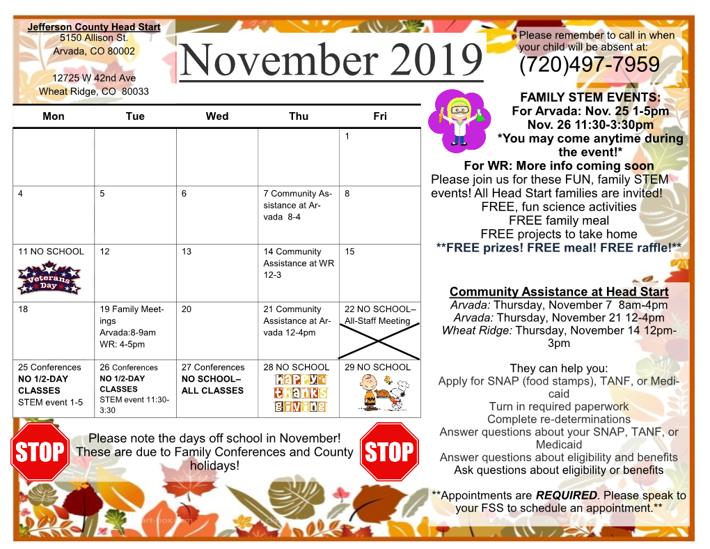November 2019 Wheat Ridge, CO 80033 FAMILY STEM EVENTS: Mon Tue Wed Thu Fri for Arvada: Nov