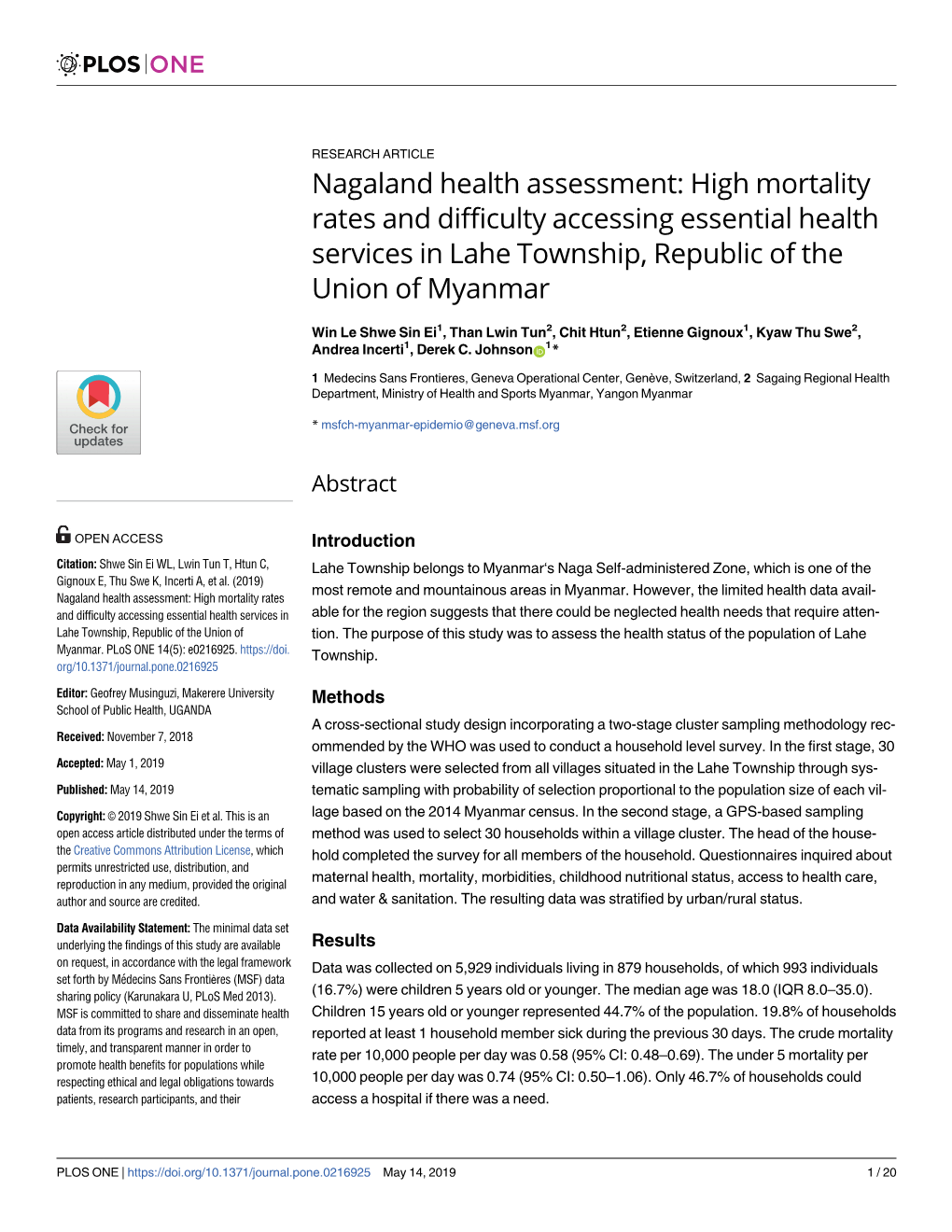 Nagaland Health Assessment: High Mortality Rates and Difficulty Accessing Essential Health Services in Lahe Township, Republic of the Union of Myanmar