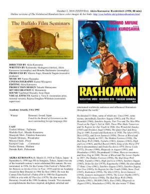 Akira Kurosawa: RASHOMON (1950, 88 Min) Online Versions of the Goldenrod Handouts Have Color Images & Hot Links