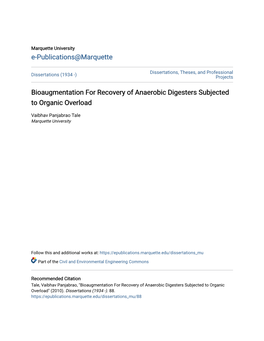 Bioaugmentation for Recovery of Anaerobic Digesters Subjected to Organic Overload