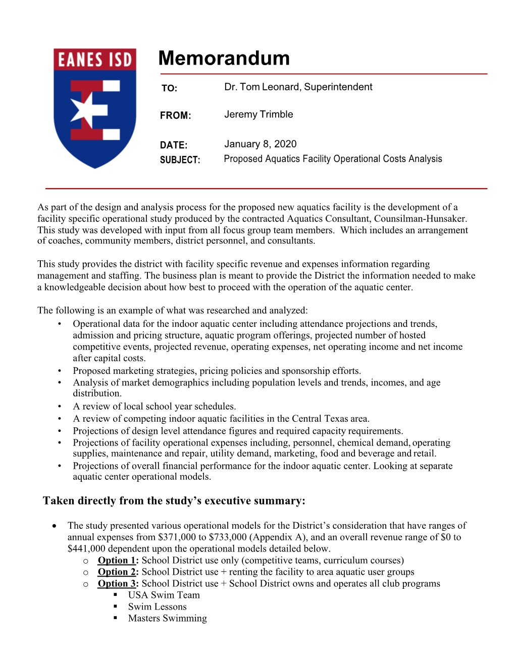 Proposed Aquatics Center Operational Costs Analysis