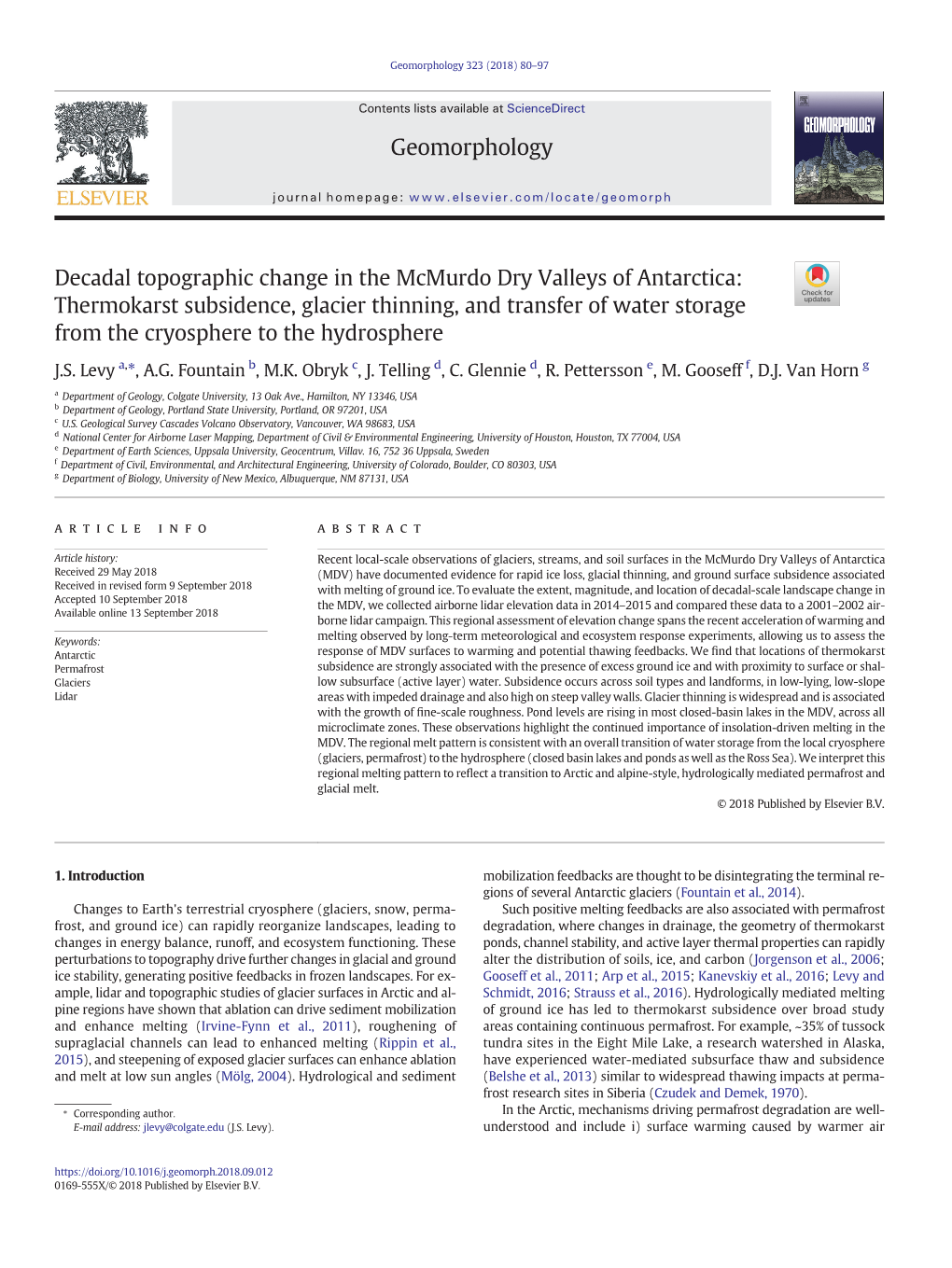 Decadal Topographic Change in the Mcmurdo Dry Valleys of Antarctica