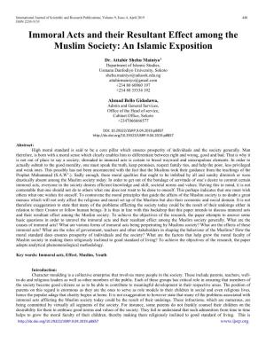 Immoral Acts and Their Resultant Effect Among the Muslim Society: an Islamic Exposition