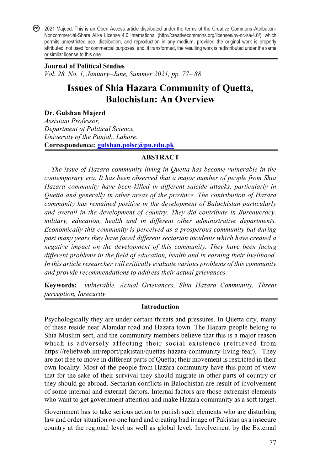 Issues of Shia Hazara Community of Quetta, Balochistan: an Overview Dr